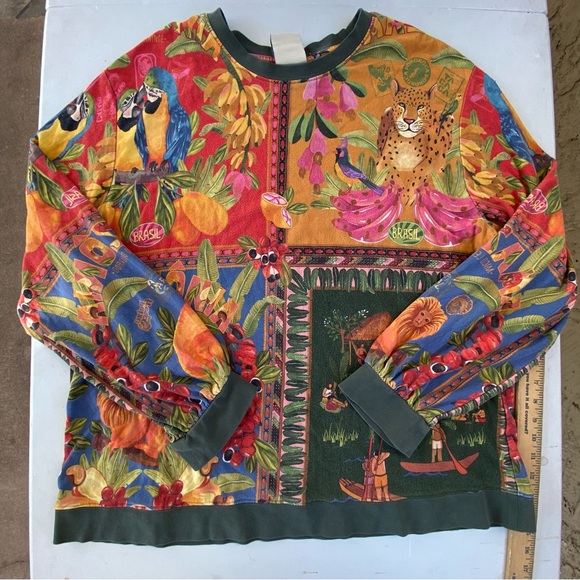 FARM Rio Tops - FARM Rio Anthropologie Brazil Jungle Leopard Parrot Sweatshirt Top women’s xl